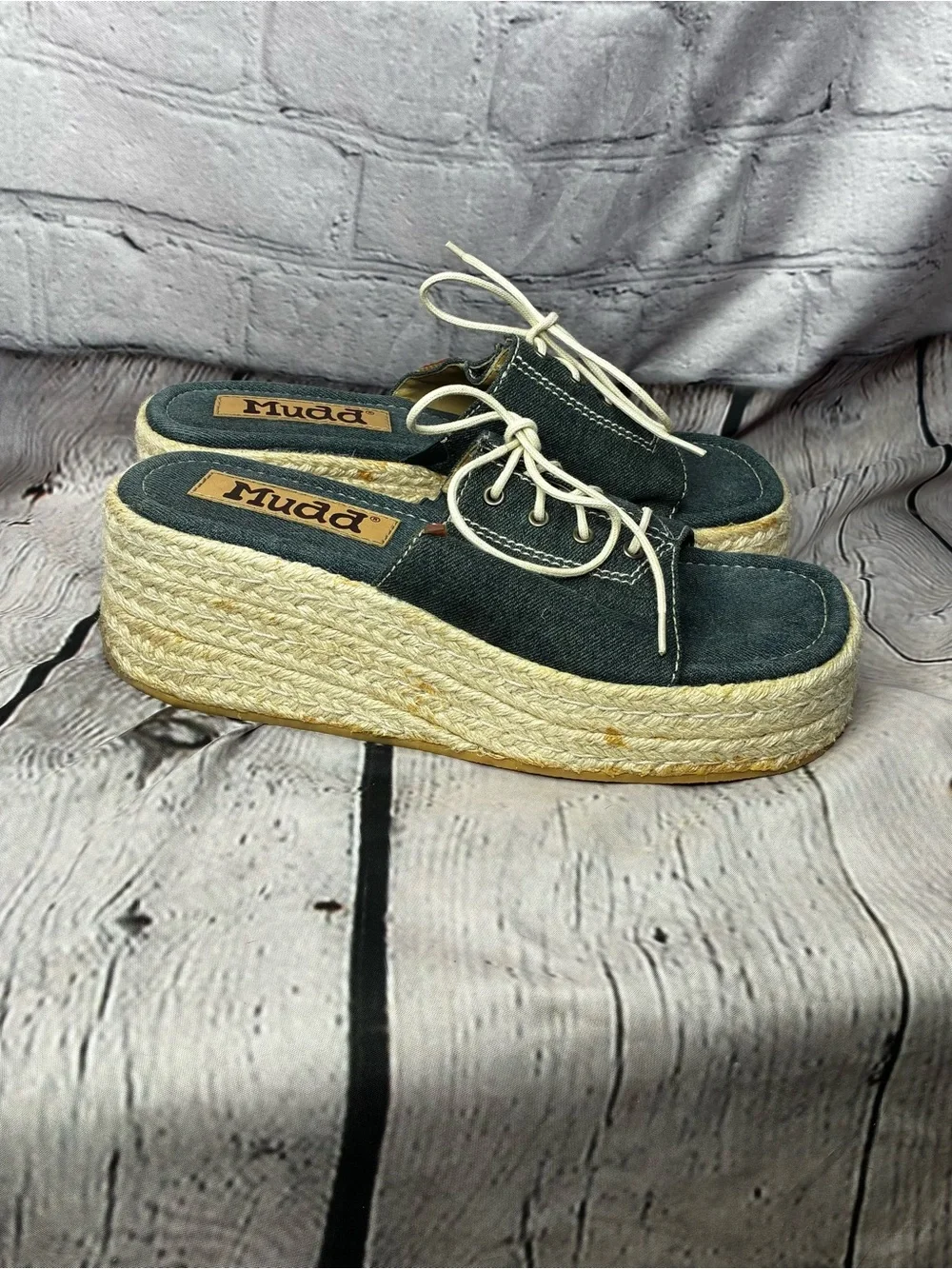 VTG Y2K Mudd Street Style Chunky Platform Tie Front Denim Espadrille Sandals 8.5